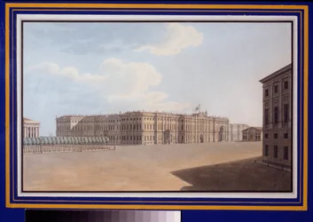 Utsikt over Winter Square fra Neva Avenue (Nevsky Prospect), St. Petersburg. Verk av Vasily Semyonovich Sadovnikov (1800-1879), akvarell på papir
