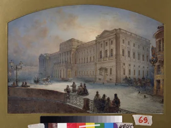 Utsikt over Marlinsky-palasset om vinteren (Saint Petersburg). Verk av Vasily Semyonovich Sadovnikov (1800-1879), akvarell på papir