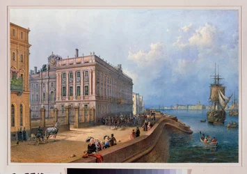Utsikt over bredden av Neva og Marmorpalasset i St. Petersburg. Verk av Vasily Semyonovich Sadovnikov (1800-1879), akvarell på papir