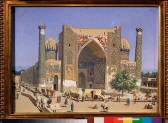 The Sherdar Madrasah at the Registan Square in Samarkand (The Sherdar Madrasah at the Registan Square in Samarkand) - Maleri av Vasili Vasilyevich Vereshchagin (Vassili Vereshchagin) (1842-1904), olje på lerret