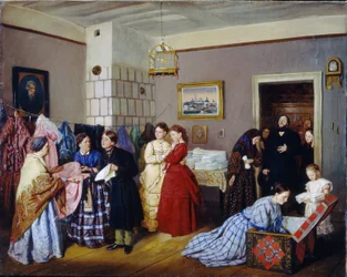 Motta medgiften. Brudens familie pakker ut koffertene og teller medbrakte effekter. De eldste diskuterer kvaliteten på stoffene til kjolene med en ung mann som holder listen over medbrakte ting. et barn