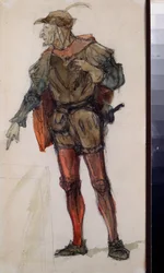 Mannlig kostyme for operaen ""Faust"" av Charles Gounod (1818-1893) - Kostymedesign for operaen Faust av Charles Gounod - Verk av Vasili Dmitrievich Polenov (1844-1927), blyant og akvarell på papir