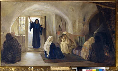 Utløsing av gledestårer (en strålende ung kvinne går inn i et hus der alle sitter og mopper og gråter) (Innledet en tårevåt glede) - Maleri av Vasili Dmitrievich Polenov (1844-1927), olje på lerret (80x141 cm),1899- 1905 - Stat