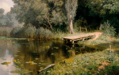 Bassenget bevokst med vegetasjon. Maleri av Vasily Dmitrievich Polenov (1844-1927)