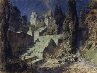 Scenografi for operaen Den skarlagenrøde rosen av N. Krotkov, 1884