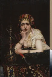 En odalisk. (Portrett av en haremskvinne, med et melankolsk blikk, som holder en vannpipe). Maleri av Vasili Dmitrievich Polenov (1844-1927), olje på lerret. Russisk kunst fra 1800-tallet, orientalisme. Nasjonalt kunstmuseum for den hviterussiske republikk