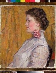 Portrett av en kvinne på gul bakgrunn (Kvinnelig portrett på gul bakgrunn) - Maleri av Vasilli Ivanovich Surikov (Vasily Surikov eller Vassili Surikow) (1848-1916), olje på lerret