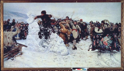 Storm of Snow Fortress (Populær scene for jubel under den ortodokse fasteuken, maslenitsa) - Maleri av Vasilli Ivanovich Surikov (Vasily Surikov eller Vassili Surikow) (1848-1916), olje på lerret