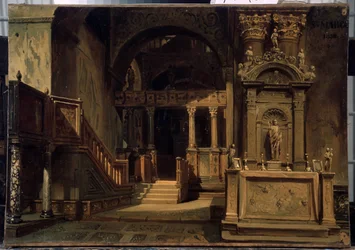Interiør av Markuskirken (Basilica di San Marco) i Venezia. Maleri av Vasili Grigorievich Khudyakov (1826-1871). Olje på lerret, 29,5 x 41 cm