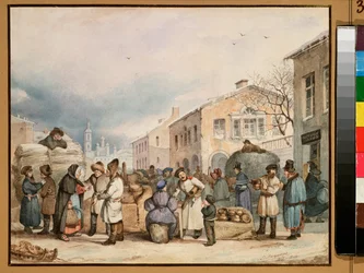 The Hay Market Place i St. Petersburg - Verk av Vasili Ivanovich Shternberg (1818-1845), akvarell på papir