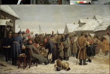 Offentlig auksjon over gjeldsrestanser. (Offentlig eiendomsauksjon for restanse). I en snødekt landsby legges husholdningsgjenstander ut for salg midt i gata. Uniformerte tjenestemenn organiserer og fører tilsyn med gjennomføringen av