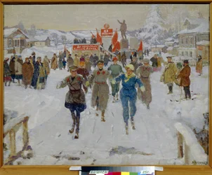 Den røde hæren besøker en kolchos. Soldater i uniform går på ski i gatene i en landsby med trehus, akkompagnert av unge kvinner og under blikket til innbyggerne samlet nær et podium dekorert med røde flagg. Maling av