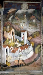 Desember: tømmerhuggerne samler veden og bringer den tilbake til byen Trento hvor muren og slottet Buonconsiglio er representert. Maleri av Månedens Mester eller Mester Wenceslas (Maestro dei Mesi eller Maestro Wenceslao på italiensk, begynner