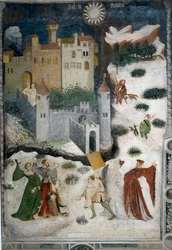 Januar måned: snølandskap med aristokrater og jegere. Aristokrater spiller snøballer mens jegere går på jakt med hundene sine. Nederst Castello di Stenico-slottet og en mann med nøkkelen er klar til å åpne festningsdøren. Maleri av Mas