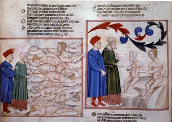 Dante og Virgil i samtale med Grifolino av Arezzo og Capocchio av Siena. 1300-tallet (miniatyr)