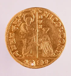 Gullmynt (zecchino eller paljett) fra Venezia: dogen Nicolo Contarinis regjeringstid (1630-1631). Diameter 3,4 cm Roma, nasjonalt terminmuseum