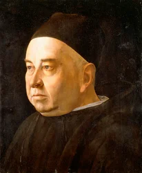 Portrett av en geistlig, brystbilde, iført svart frakk og lue, ca. 1490