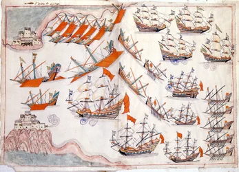 Krig mellom Venezia og det osmanske riket: Slaget ved Dardanellene som så seieren til den venetianske kapteinen Lorenzo Marcello i 1655 (akvarell)
