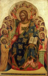 Kristus på tronen med hellige og engler som gir nøkkelen til St. Peter