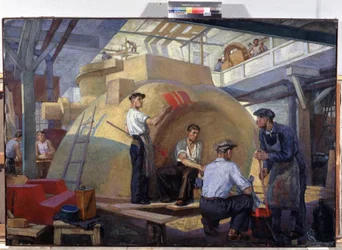 Eksemplarisk konstruksjon (Model Construction). Maleri av Veniamin Pavlovich Belkin (1884-1951), olje på lerret, ca 1930. Russisk kunst, 1900-tallet. Sovjetisk propaganda. Regionalt M.Vrubel kunstmuseum, Omsk (Russland)