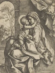 Jomfruen satt med Kristusbarnet på fanget og omfavnet henne, Joseph så..., ca. 1600-1613.