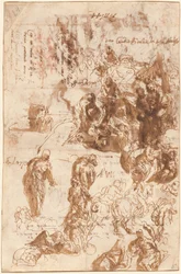 Studier for Judith og Holofernes, David og Goliat, Funnet av Moses og andre [recto]
