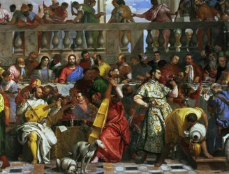 The Marriage Feast at Cana, detalj av musikere og hunder, c.1562 olje på lerret detalj av 94932