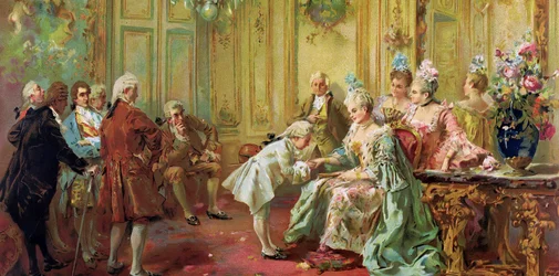 Wolfang Amadeus Mozart (1756-1791) på Madame (Marquise) de Pompadour (Mozarts familie, under Europaturneen) (1763-1766) - Akademisk kunst: Presentasjonen av den unge Mozart til Madame de Pompadour i Versailles i 1763 av Paredes, Vicente Gar