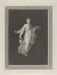 En delvis naken bacchante som holder en skive i løftet venstre hånd og en bøtte i h..., ca. 1795-1820