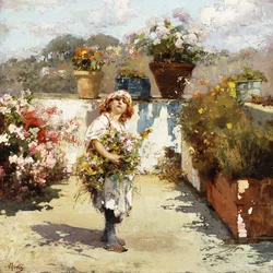 En ung jente som samler blomster i solskinnet