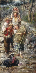 Barn med kalkuner (olje på lerret)