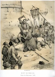Drapet på Étienne Marcel, rik tøykjøpmann og prévôt for kjøpmennene (1316-1358), av échevin Jean Maillart, en av lederne for det rojalistiske partiet, i juli 1358. Gravering av Victor Adam (1801-1866) i boken “Frankrike i middelalderen”, utgitt