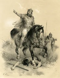 Attila (ca. 395-453), hunernes eneste leder i 445, herjet rikene i øst og vest - Barbarinvasjoner - Stikk av Victor Adam (1801-1866) i boken «Frankrike i middelalderen», utgitt av Ardant-brødrene i midten av