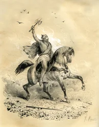 Karl Martel (688-741) vant de arabiske troppene i Poitiers i 732. Gravering av Victor Adam (1801-1866) i boken «Frankrike i middelalderen» utgitt av Ardant-brødrene på midten av 1800-tallet.