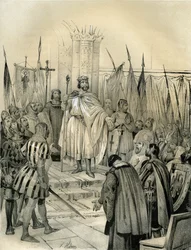 Kroningen av Hugo Capet (941-996) i Noyon i 987. Denne kroningen markerte begynnelsen på det kapetingiske dynastiet, Frankrikes konger, som gjennom direkte eller indirekte arvefølge gjenerobret i 8 år. Stikk av Victor Adam (1801-1866) i boken «Frankrike i