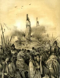 Døden over slakteren til Jacques de Molay (Molai) (1243–1314), den siste store mester i Tempelridderordenen (1298). Philippe le Bel arresterte ham (1307), torturerte ham og fengslet ham før han brente ham levende, sammen med kommandanten av Normandie, Geof