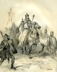 Keiser Karl den store, iført maktens symboler, rir i spissen for sine tropper, soldater i rustning. Gravering av Victor Adam (1801–1866) i boken «Frankrike i middelalderen» utgitt av Ardant-brødrene på midten av 1800-tallet.