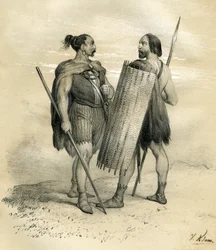 Frank- og sicamberkrigere rundt år 254. Sicambres var et germansk folk sør for Lippe, underlagt av romerne på 700-tallet og deretter integrert i det frankerske folket. Gravering av Victor Adam (1801–1866) i boken «Frankrike i ...»