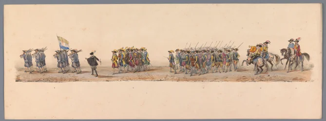Historisk prosesjon ved det andre hundreårsjubileet for Utrecht University of Applied Sciences, 1836 (plate 4) De nederlandske hærenes innflyging til Oostende, 3. juli 1600, dagen etter seieren ved Nieuwpoort; i henhold til kostymefremstillingen gitt av H 