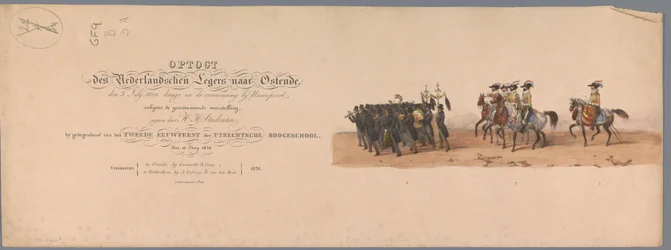 Historisk prosesjon ved det andre hundreårsjubileet for Utrecht University of Applied Sciences, 1836 (tittelutskrift) De nederlandske hærenes innflyging til Oostende, 3. juli 1600, dagen etter seieren ved Nieuwpoort; i henhold til kostymet gitt av H H Stud