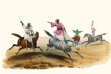 La voltige, par des Beduins. i "" Album Grotesque, Choices of Types Remarkable", illustrasjoner av Victor Adam, Paris, rundt 1850.