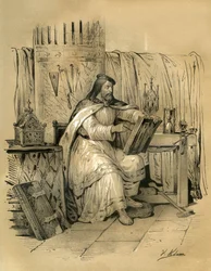 Den hellige Eloi (v. 588–660) gullsmed og skattmester for frankerkongen Dagobert 1., deretter vigsler i Noyon fra 641 til sin død. Gravering av Victor Adam (1801–1866) i boken «Frankrike i middelalderen» utgitt av Ardant-brødrene i midten.