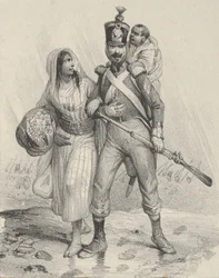 Soldat med en kvinne på armen og et barn på ryggen, midten av 1800-tallet..