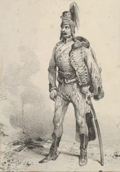 Stående soldat med jakken på den ene skulderen, midten av 1800-tallet.