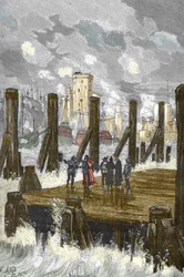 Beleiringen av La Rochelle (1627-1628): «Kardinal Richelieu (1585-1642) på demningen ved La Rochelle under beleiringen av byen, protestantenes våpenplass i oktober 1628» - Kardinal Richelieu under beleiringen av La Rochelle i oktober 1628, gravering