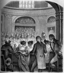 Mottakelse av Abbe Jean Sibrake (Jean-Sibrakes) (Siffrein) Maury (1746-1817) ved Academy Francaise i 1785 - Gravering av Franck