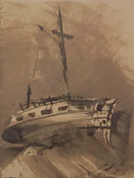 A Ship in Choppy Seas, 1864 (penn og blekkvask på papir)