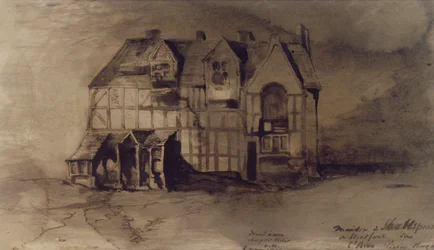 The House of William Shakespeare (1564-1616) i Stratford-upon-Avon (penn og blekk og vask på papir)