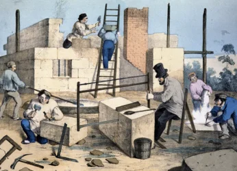 Bygging av et hus, ca. 1860 (lito)