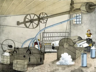 Mekanisk spinning - litho av Janson. 1800-tallet.